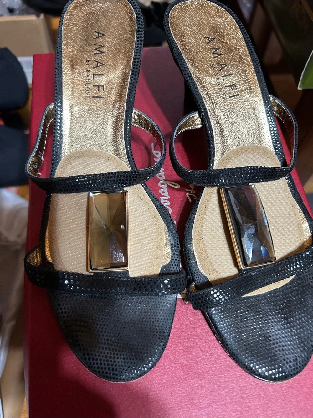 Amalfi Black Heeled Slide Sandals with Rectangular Gem